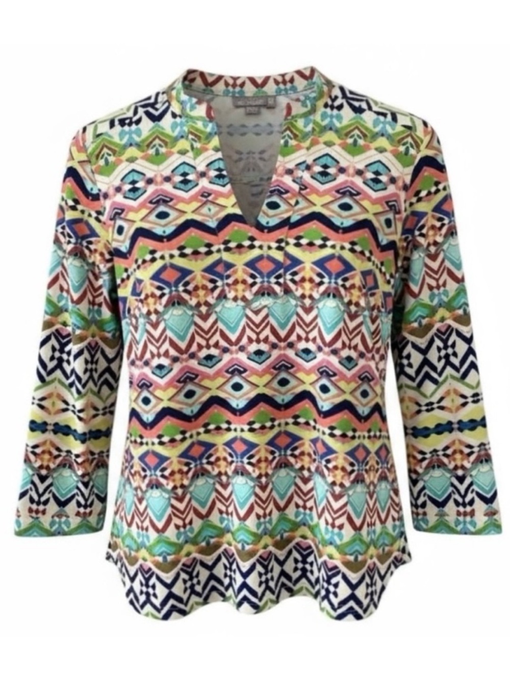 NEW Ellie Kai Multicolored Geometric Print Split Neck 3/4 Sleeve Top Size 4